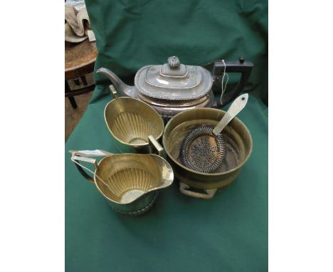 Plated fluted teapot with black bean handle to lid almost matching sugar basin and milk jug together with a brass canister et