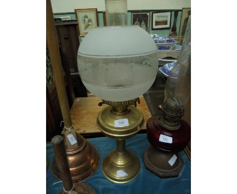 Brass oil lamp with ornate domed etched part clouded glass shade