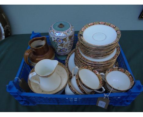 Part early 20th century bone china tea set with decorative apple green and rust ground border (31 pieces), stoneware milk jug