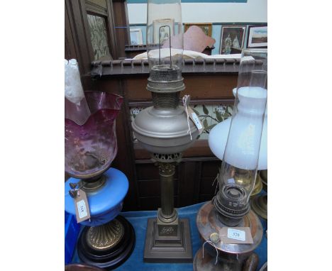 Oil lamp with plated bowl corinthian column on square plinth with shaped glass flue