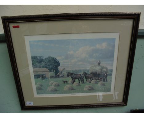 Signed limited edition Robin Wheeldon print of early 20th century farmyard scene "Haymaking"