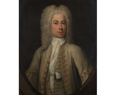 English school (early 18th century)Portrait of Dickson Downing wearing powdered wig, white cravat and buttoned pale blue jack