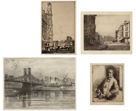 Frank Short (1857-1945)Hammersmith Bridge under construction, lithograph, pencil signed in the margin, 19 x 27cm; and three e