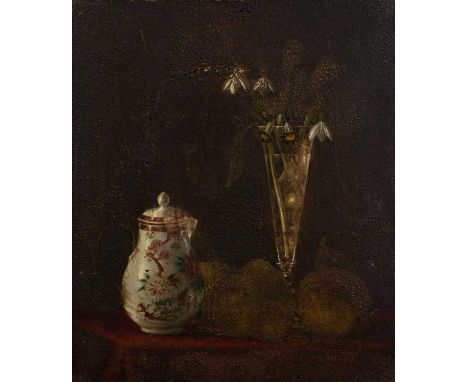 19th century British schoolStill life - a glass vase of flowers, Chinese jug and fruit upon a cloth covered table, oil on pan