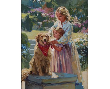 Dianne Flynn (b.1939)'Amelia, Ruby & Patrick share a moment', signed, acrylic on canvas, 59.5 x 64.5cm