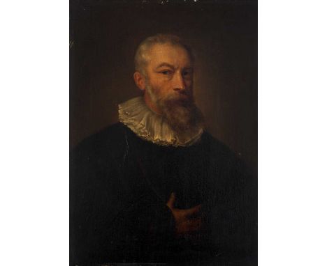 Follower of Anthony van Dyck (1599-1641)Portrait of a gentleman with beard wearing a ruff and black cloak, his right hand rai