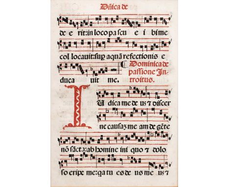 An antique double page antiphonal musical manuscript sheet in Latin on vellum in double glazed frame, 50 x 69cm; and another 