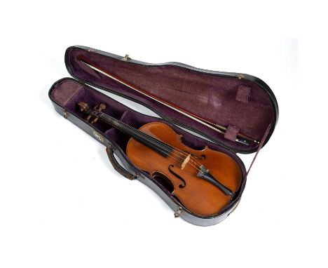 A French viola with two piece back and labelled 'Copie de Antonius Stradivarius' with a violin bow, cased