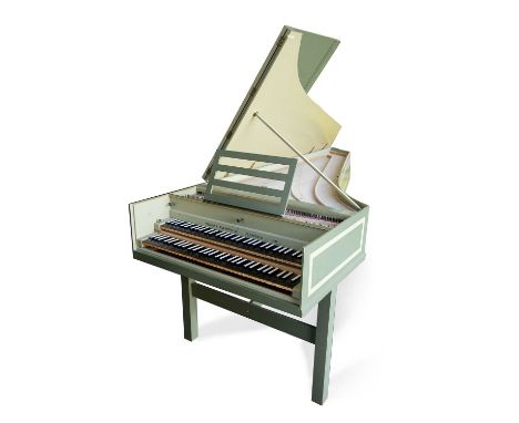 A two manual green painted harpsichord, the fascia panel inscribed 'Thomas Kilpatrick Sheffield 1981', on square section stan