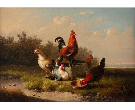 Joseph van Dieghem (1843-1885)Landscape with chickens and cockerel, signed and dated ’78, oil on panel, 15.5 x 22.5cm