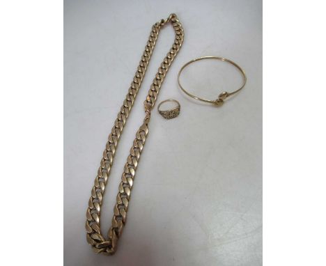 A hallmarked 9ct gold chain, together with a hallmarked 9ct gold ring and a bangle tested as 9ct gold, gross weight 36.4g (3)