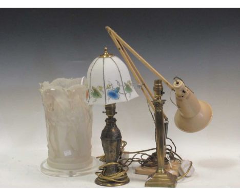 A 20th century French brass lamp stamped A R DEPOSE No564 with a glass shade, together with a modern moulded resinous lamp ba