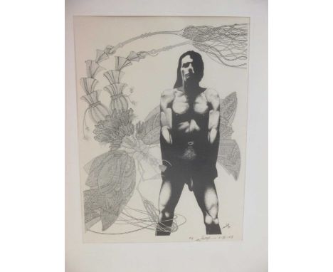 Italian School (20th century) Standing male nude signed and inscribed 'Horeuf 2. VI. 1977' (lower right) lithograph 53 x 39cm
