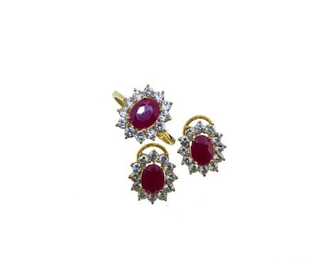 A ruby and cubic zirconia ring with ear studs en-suite both tested as 18ct gold, 8.3g gross (2)