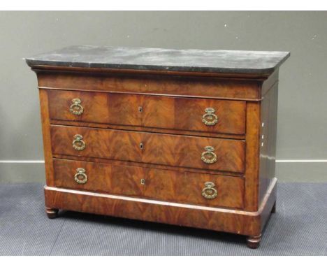 A 19th century continental marble topped mahogany commode, the marble top broken in two pieces, 90 x 129.5 x 58cm