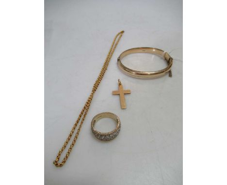 9ct gold cubic zirconia ring together with a chain stamped '9CT' 9.4g gross, a cross tested as 18ct gold 5g and a bangle stam