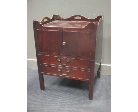 A large George III mahogany 'tray top' bedside cabinet/commode, the two doors above a pull out base, 80 x 61 x 51cm