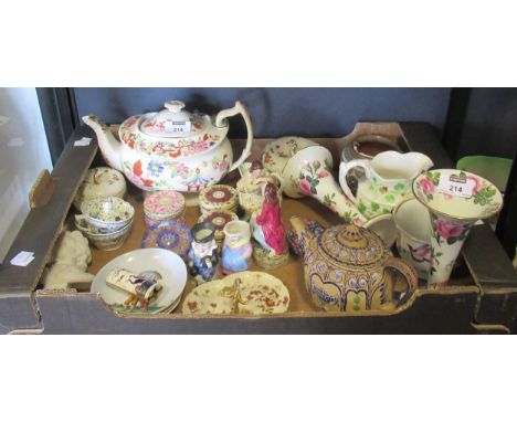 Decorative pottery and porcealin including a moulded Spode teapot, Davenport small circular box and cover, small Staffordshir