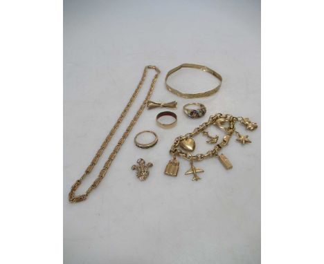 A hallmarked 9ct gold chain, together with a hallmarked 9ct gold charm bracelet with charms (one loose), three hallmarked 9ct