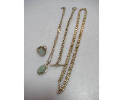 Two hallmarked 9ct gold chains, together with a jade pendant tested as 9ct gold, a hallmarked 9ct gold ring and a hallmarked 