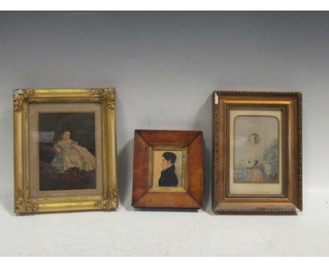Two Baxter style prints, an amateur miniature portrait, and two teapots (5)