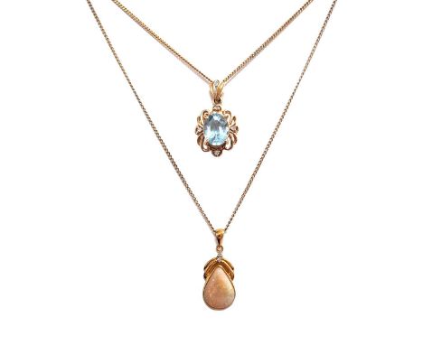 An opal and diamond pendant stamped '18K' on a chain tested as 9ct gold, together with a blue topaz and diamond pendant stamp