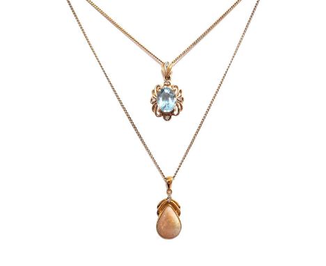 An opal and diamond pendant stamped '18K' on a chain tested as 9ct gold, together with a blue topaz and diamond pendant stamp