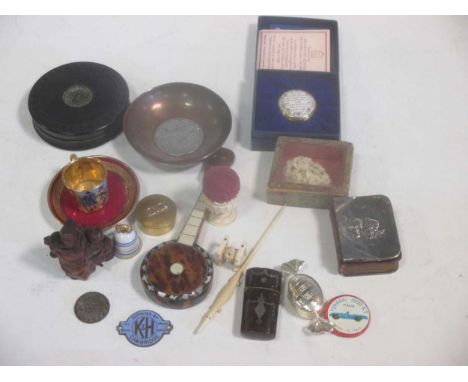 A model silver 'sweet' shape box, two miniature prayer books (worn), miniature Vienna cabinet cup and saucer, etui case, circ