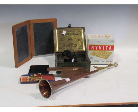 A copper post horn by Henry Keat &amp; Sons, London, late 19th or early 20th century; a Meredith &amp; Drew tin; a miniature 