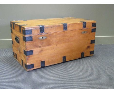 A pine and metal banded trunk, 49 x 100 x 55cm