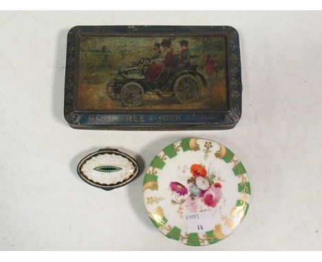Rowntree of York veteran car motif motoring tin, a Staffordshire enamel patch box and a painted circular box with cover (chip