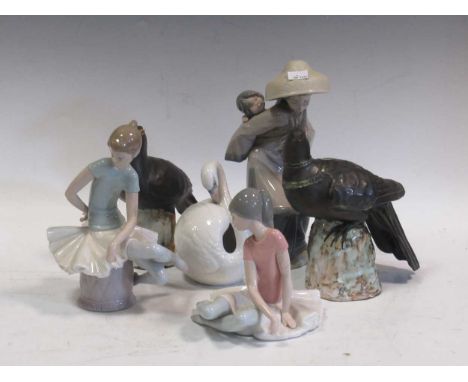 Two Lladro figures, model birds and cats