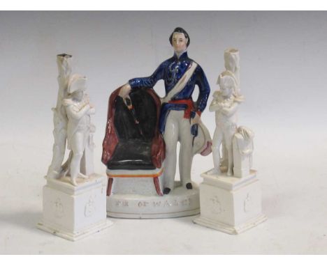 A Staffordshire model of the Prince of Wales together with two Stevenson &amp; Hancock Derby spill vases modelled as Napoleon