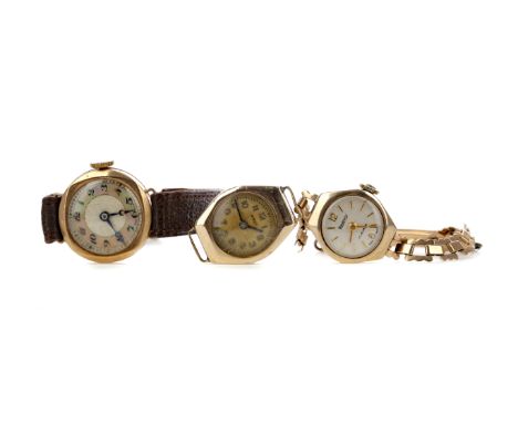 LADY'S NINE CARAT GOLD CASED MANUAL WIND WRIST WATCH, the round cream and mother of pearl dial with black Arabic hour markers