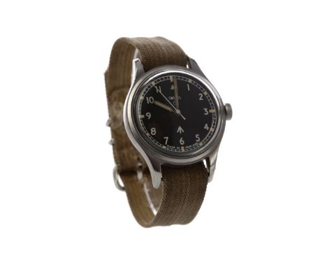 GENTLEMAN'S SMITHS MILITARY STAINLESS STEEL MANUAL WIND WRIST WATCH, the round black dial with broad arrow, white Arabic and 
