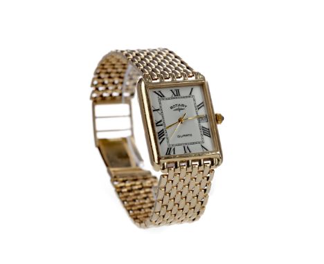 GENTLEMAN'S ROTARY NINE CARAT GOLD QUARTZ WRIST WATCH, the square white dial with black Roman hour markers, inner seconds tra