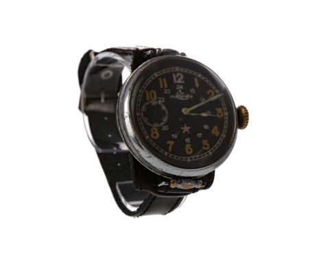 RUSSIAN 'FIRST MOSCOW WATCH FACTORY' KIROV PILOTS MANUAL WIND WRIST WATCH, the round black dial with logo of the manufacturer