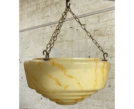 Two vintage marbled glass ceiling bowls complete with chains - one scalloped pink and white: h. x 20cm d. x 39.5cm - the othe