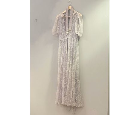 A Ladies Evening purple sateen dress with a grey lace net cover coat and matching belt, complete with a "Chanelle Ayr" box. (