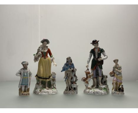 A collection of German continental figures decorted in polychrome enamelling comprising a Shepard and Shepherdess (h-29cm), a