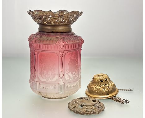 An Art Nouveau cranberry to clear frosted glass hangning light fitting with etched panels depicting a floral bouquet in an ur