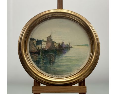 A pair of Mid 20thc French circular engravings coloured after, each depicting boats at harbour with buildings to background, 