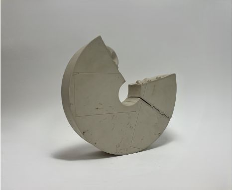 A ceramic modern half moon sculpture with geometric markings to top and abstract edges, with fitted smaller piece (marked 'P.
