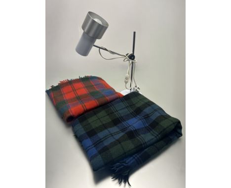 An anglepoise desk lamp in white with a metal front and with extendable height screw, mounted on a circular base (h. fully ex
