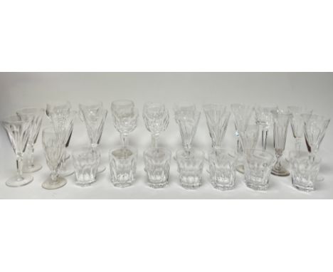 A collection of crystal glassware comprising, eight Waterford tall stemmed cut crystal wine glasses (h. 18.5cm), ten Waterfor