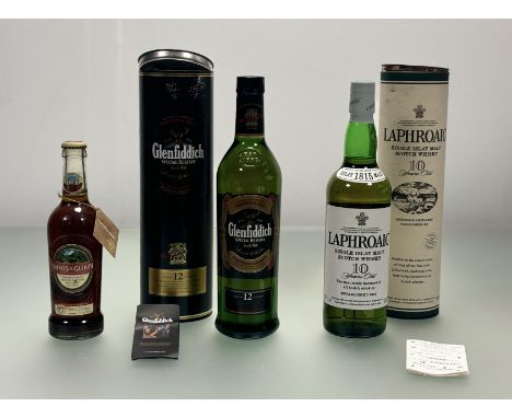 A bottle of Laphroaig Ten Year Old Single Islay Malt Scotch Whiskey (70cl) unopened with tube together with a bottle of Glenf