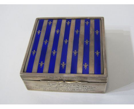 SILVER &amp; ENAMEL CIGARETTE BOX, square form presentation silver and blue enamel cigarette box, engraved RMSP Araguaya, 191