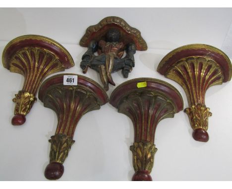 BRACKET SHELVES, set of 4 carved gilt wood small bracket shelves, 24cm height; together with similar Blackamoor support brack