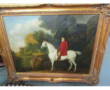 EQUESTRIAN PORTRAIT, gilt framed copy oil on canvas "Gentleman on white stallion", 25cm x 100cm