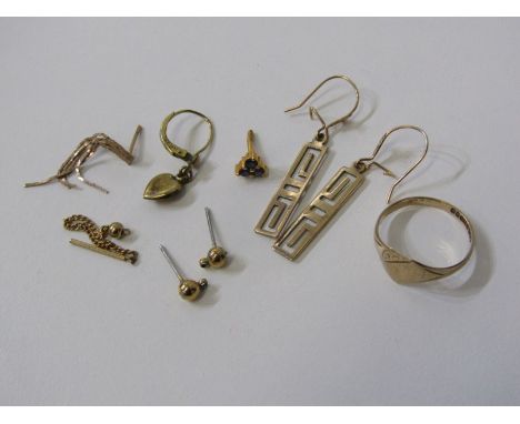 GOLD SIGNET RING &amp; EARRINGS, 9ct gold heart shape signet ring, size M, 2 pairs of gold earrings and other assorted earrin